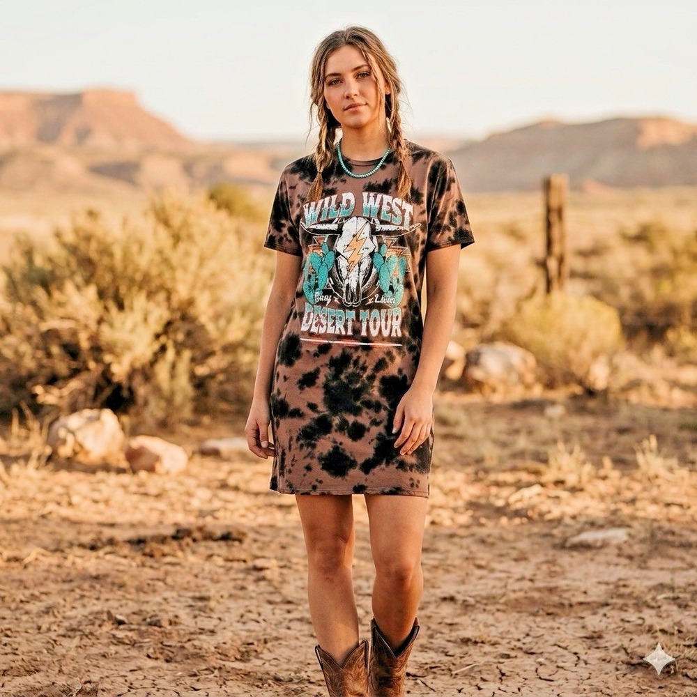 Rock & Roll Denim T-Shirt Dress Size Small Brown Tie Dye Wild West Short Sleeve